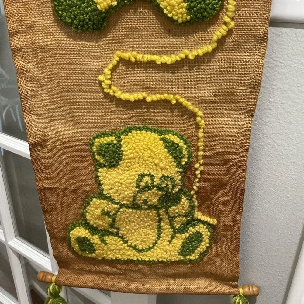 VTG Punch Needle Art Embroidery Yellow Green Baylor Bears Wall Tapestry Handmade